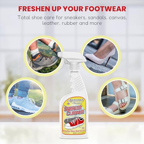 Grandma's Secret Shoe Cleaner - Stain Remover Spray for Rubber, Canvas and Leather - Removes Dirt, Grime and Grass - Sneakers Cleaner for Outdoor Shoes, Slippers and Moccasins 16 oz - size: 16.00 Fl Oz (Pack of 1), style: Sneaker Cleaner