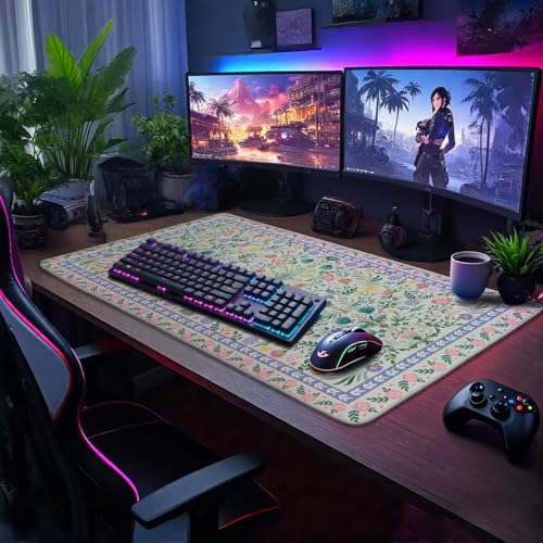 Green Floral Desk Mat Large Mouse Pad 31.5"x15.7" Non-Slip - color: Green Floral