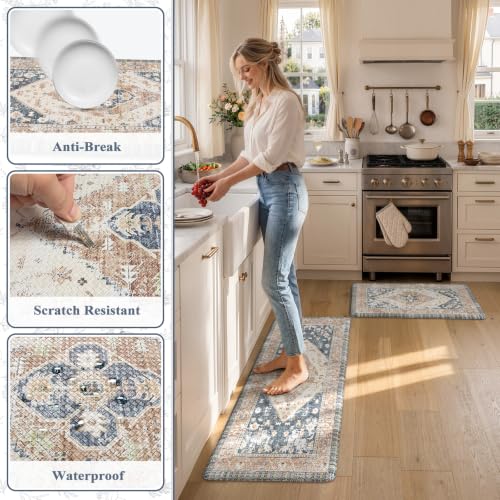 KIMODE Kitchen Rugs and Mats 2PCS Cushioned Anti Fatigue Kitchen Mats Blue - color: Gold Blue, size: 17.3" x 47 "+ 17.3" x 29 "--0.47 inches