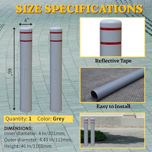 Durable Bollard Cover - Heavy Duty Waterproof Weather Resistant,High Visibility Bollard Post Sleeve with Reflective Tape for Indoor/Outdoor Parking Lot, Warehouse,Walkways(4" Dia X 46" H, Grey) - color: Grey, size: 4" X 46"