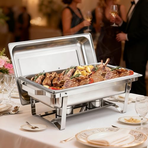 VEVOR Rectangle Chafing Dishes, 9 Qt 4 Pack Stainless Steel Chafing Dish, Food Warmer Chafer Complete Set with Hollow Handle, 2 Food Tongs, Lid, Canister Holder, Chafer Dishes for Banquet Wedding - size: 4 PACKS