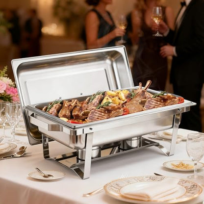 VEVOR Rectangle Chafing Dishes, 9 Qt 4 Pack Stainless Steel Chafing Dish, Food Warmer Chafer Complete Set with Hollow Handle, 2 Food Tongs, Lid, Canister Holder, Chafer Dishes for Banquet Wedding - size: 4 PACKS
