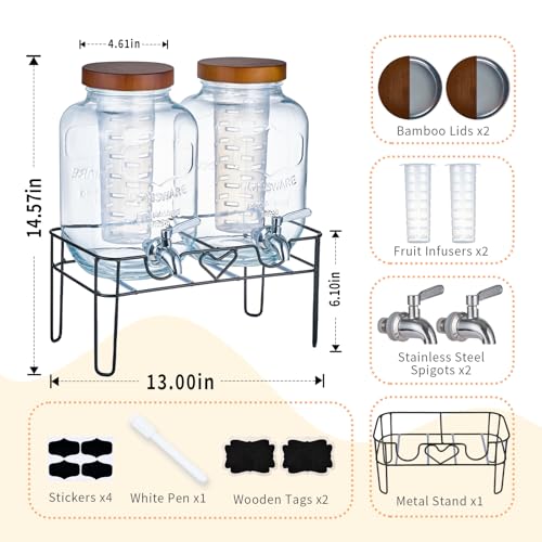 2pack 1Gallon Glass Drink Dispensers for Parties, Beverage Dispenser with Stand and Fruit Infuser, Lemonade Dispenser with Stainless Steel Spigot for Kombucha, Sun Tea, Juices, BBQ, Weddings (Brown) - color: Brown