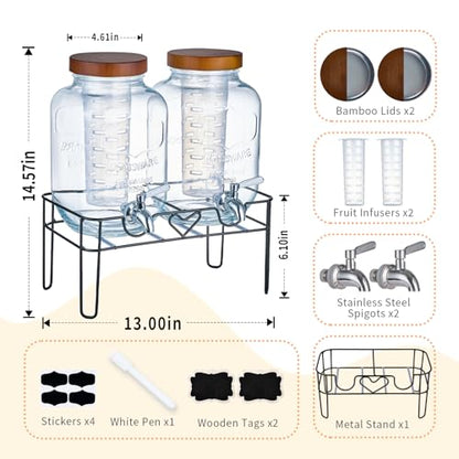 2pack 1Gallon Glass Drink Dispensers for Parties, Beverage Dispenser with Stand and Fruit Infuser, Lemonade Dispenser with Stainless Steel Spigot for Kombucha, Sun Tea, Juices, BBQ, Weddings (Brown) - color: Brown