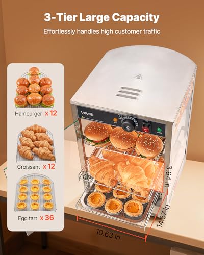 VEVOR 3-Tier Commercial Food Warmer Display, 800W Food Display Warmer with LED Light, Adjustable Shelf and Stainless Steel Frame, 86℉~185℉ Air Heating, 60L for Hamburger, Pizza, Bread, Fried Chicken - size: 3-Tier-42Qt