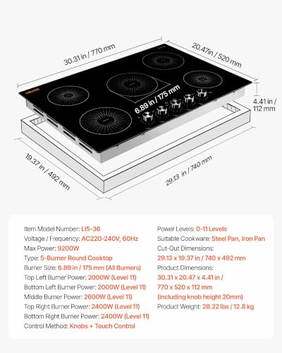 VEVOR 30 Inch Induction Cooktop 5 Burners,Built-in Electric Stove Top,Knob Control, Ceramic Glass Surface,Low-Power Continuous Heating,11 Power Levels, Child Lock,9200W,220V No Plug - size: 30IN -knob control