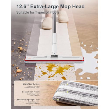 HoMettler 3-Tank Mop and Bucket Set with Separate Dirty & Clean Water, Flat Mop and Bucket System with Wringer, 65" Mops for Floor Cleaning, Safe for Hardwood, Vinyl, Tile, Walls - 4 Washable Pads - color: White-flat Mop With 4 Pads