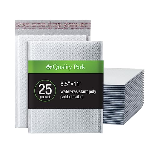 Quality Park Bubble Mailers, 8.5 x 11 Shipping Envelopes, Water Resistant White Poly Padded Envelopes, Redi-Strip Peel Off Closure, 25/Box (QUA85859) - size: One Size