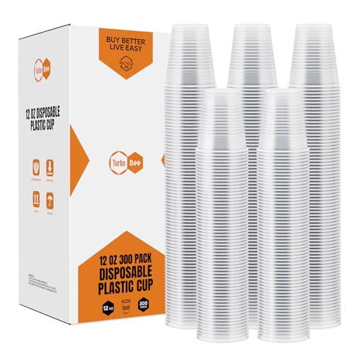 Turbo Bee 12oz Plastic Cups 300 Pack，Disposable Clear Drinking Cups for Home, School, Office & Events，Transparent Tumblers for Drinks, Samples & Commercial Use - size: 12oz
