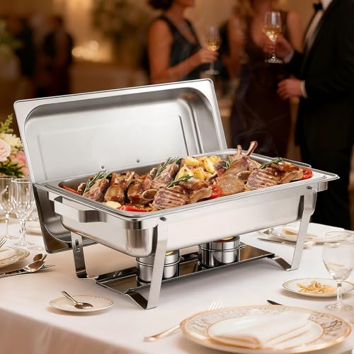 VEVOR Rectangle Chafing Dishes, 9 Qt 2 Pack Stainless Steel Chafing Dish, Food Warmer Chafer Complete Set with Hollow Handle, 1 Food Tongs, Lid, Canister Holder, Chafer Dishes for Banquet Wedding - size: 2 PACKS