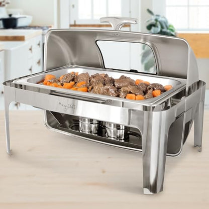 MegaChef 9.5 Quart Oblong Roll Top Stainless Steel Professional Kitchen Chafing Dish/Food Warmer/Buffet Server Serving Trays for Entertaining, Catering, Large Gatherings (9.5 Quart w/Window) - size: 9.5 Quart w/ Window