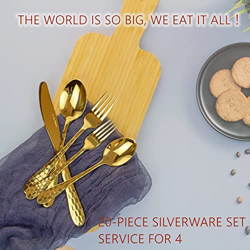 20 Piece Silverware Set for 4, Hammered Silverware Set 18/10 Stainless Steel Tableware Cutlery Flatware Spoons and Forks Set for Home Kitchen Restaurant, Unique Utensils Set Dishwasher Safe (Gold) - color: Gold
