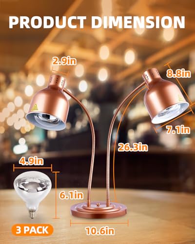 Food Heat Lamp with 3 Bulbs, 500W Rapid and Steady Heating, Matte Copper - color: Painted Copper