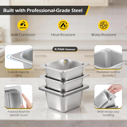 Dyna-Living Hotel Pans with Lid 1/6 Size Pans 4 Inch Deep 6 Pack Food Pans - color: With Lids, size: 4 Inch Deep