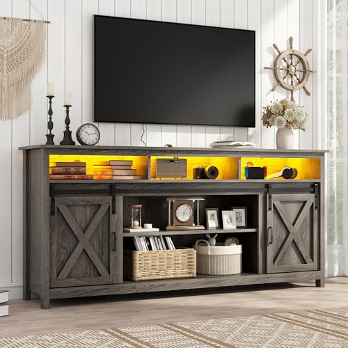Vinctik 6&Fox 70in Wooden Farmhouse Entertainment Center for 80/75 inch TV,Double Layer Storage Farmhouse TV Stand,Double-Row Sockets with Wood Sliding Barn Door TV Stand(Double Layer Grey Wash) - color: Double Layer Grey Wash, size: 70in