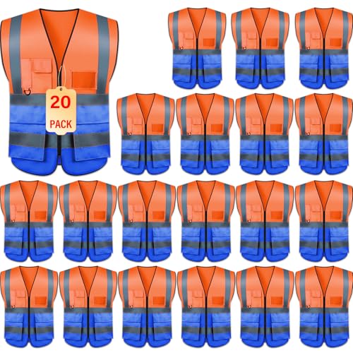 Safety Vests 20 Pack,Hi Vis Construction Vest with 5 Pockets and Zipper,Reflective Vest for Men Women Work One Size - color: Orange+blue