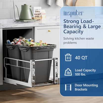 Insputer Dual 40QT Pull Out Trash Can Under Cabinet with Soft-Close Slides - color: Silver, size: Double-10Gal