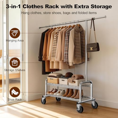 Clothes Rack Heavy Duty, 550 LBS Rolling Clothing Rack with Wheels, Silver - color: Silver