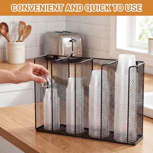 Thenshop 2 Pack Wall Mount Sauce Cup and Lid Holder - 4 Compartment Black Iron Dispenser Fits 2 to 5.5 oz Cups, Space Saving Organizer for Coffee Bar, Restaurant & Kitchen Counter, 13 x 10 x 3.26