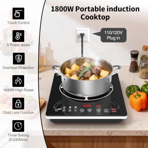 VBGK Single Burner Induction Cooktop,Hot Plate with 6 Cooking Modes, portable cooktop with LCD touch control,9 Levels &4H Timer,1800W 110V Portable induction Cooktop - size: single burner cooktop
