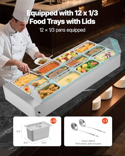 VEVOR Commercial Food Warmer, 1700W Electric Stainless Steel Steam Food Warmer with Glass Cover, 12-Pan Countertop Buffet Bain Marie with Soup & Perforated Ladles, for Catering, Restaurant & Party - size: 56.3 x 22.44 x 15.16 in