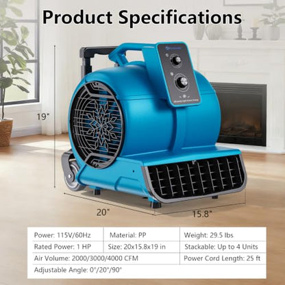 Air Mover 1 HP 4000 CFM Air Mover Blower Fan, Carpet Dryer, Floor Dryer Fan - color: Blue