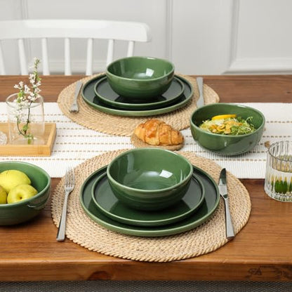 Vicrays Ceramic 12 Pieces Dinnerware Set - Dinner Plates Salad Plates Cereal Bowls Set Service for 4 - Scratch Resistant Microwave Oven Dishwasher Safe - Green - color: Green