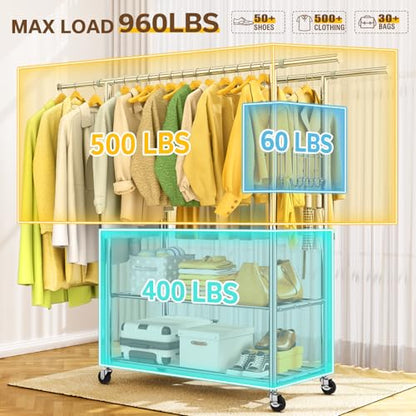 100% Stainless Steel Heavy Duty Clothes Rack Load 960LBS, Double Rod Clothing Rack for Hanging Clothes with Reinforced Rubber Rings, Extendable Rolling Garment Racks W/ Portable Wheel & Sturdy Shelves - color: Silver, style: 2 Double Bar