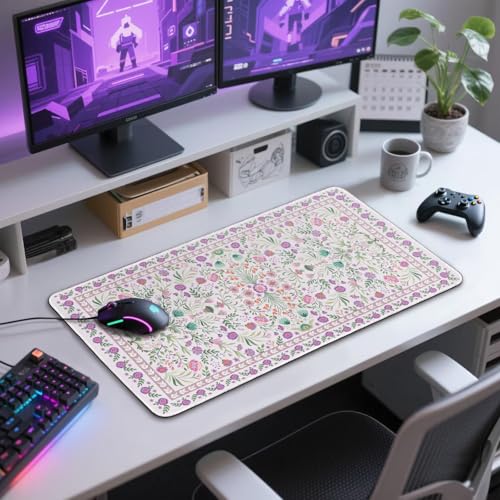 Purple Floral Desk Mat Large Mouse Pad 31.5"x15.7" Anti-Slip - color: Purple Floral