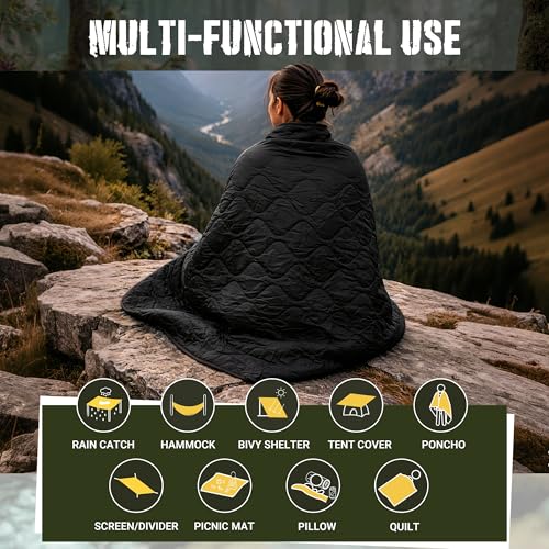 Lenotos Woobie Blanket, Thermal Insulated Military Poncho Liner, Water-Resistant, Portable, Insulation, for Hiking, Survival with Compression Carry Bag (Black) - color: Black