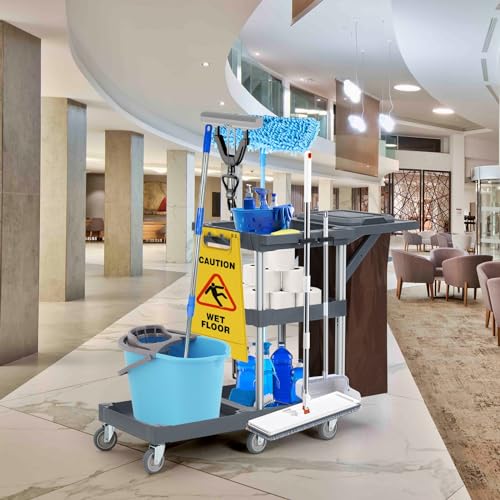 Commercial Janitorial Cleaning Cart on Wheels - Black Housekeeping Caddy with Cover, Shelves and Vinyl Bag
