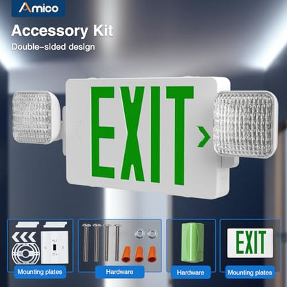 Amico 4 Pack Commercial Green Double-Sided Exit Sign with Large LED Light - color: Green
