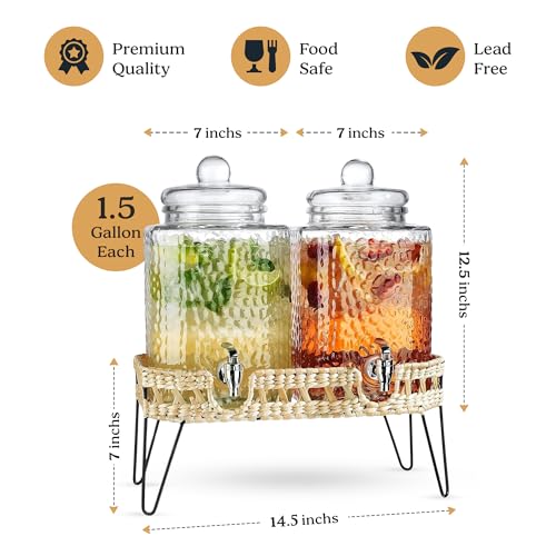 Beverage Dispensers - Set of 2 Glass Drink Dispensers with Metel Stand - 1.5-Gallon Capacity - Perfect for Lemonade, Juice, Water, Iced Tea, Punch (Wicker Design-Clear) - color: Clear-Wicker Design
