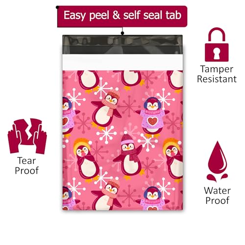 10x13 (100) Pink Penguins Winter Designer Poly Mailers Waterproof Self Sealing Tear Resistant Polymailers Shipping Envelopes Premium Printed Bags For Small Businesses - color: Pink Penguins, size: 10x13