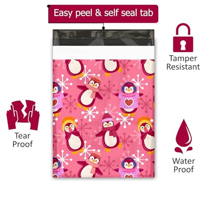 10x13 (100) Pink Penguins Winter Designer Poly Mailers Waterproof Self Sealing Tear Resistant Polymailers Shipping Envelopes Premium Printed Bags For Small Businesses - color: Pink Penguins, size: 10x13