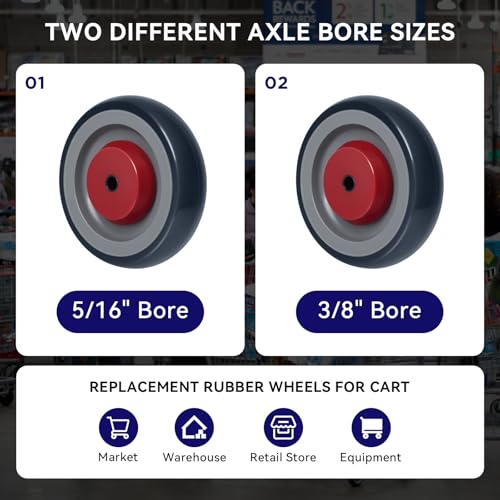 5'' Shopping Cart Wheels Replacement, 5/16" Casters Set of 4 Rubber Wheels for Cart Supermarket Grocery Retail Stores, Each Wheel Load 350lbs (4 Wheel) - style: Grey/Red (5/16'' Bore)