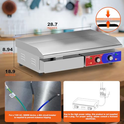 29’’ * 16’’ Commercial Electric Countertop Griddle -110V Flat Top Griddles w/ 122-572°F Adjustable Temperature and Non-Stick, 3000W Stainless Steel Electric Griddle w/ 10mm Thick Cast Iron - size: 29 INCH