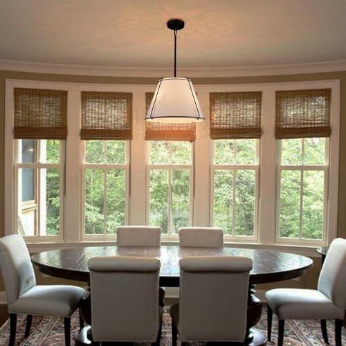 Modern 3-Light 16" Black Pendant Light White Linen Drum Adjustable - color: Black