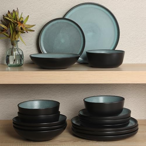 Gibson Elite Tribeca Loft 16-Piece Dinnerware Set – Matte Black and Green Reactive Glaze Stoneware, Double Bowl Round Plates and Bowls – Modern Rustic Tableware for 4, Dishwasher & Microwave Safe - color: Matte Black & Green (Tribeca Loft)