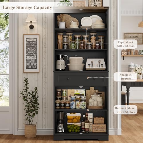 HOSTACK 71" Kitchen Pantry Storage Cabinet, Farmhouse Pantry Cabinet, Black - color: Black