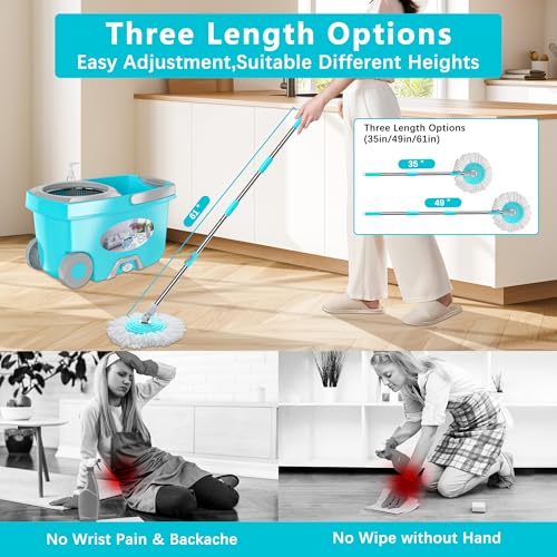 FunClean Large Spin Mop Bucket Set with Wringer, 2 Gal Capacity, Blue - size: Large - 6 Mop Heads - Blue