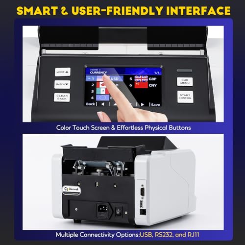 CGOLDENWALL Mixed Denomination Money Counter Machine, Touchscreen Value Counter, 1500Bills/min Cash Counting, UV/MG/IR/DD Detection, Multi-Currency & Modes Bill Counter for Business