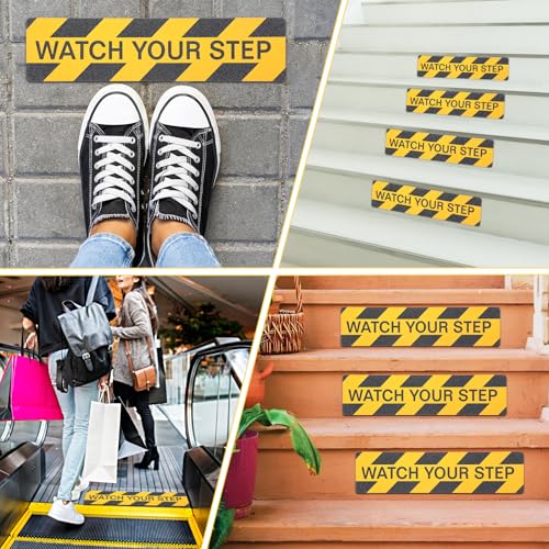 Yuanchu 12 Pack Watch Your Step Floor Decals Stickers, 23.6 x 6 Inch Self Adhesive Watch Your Step Tape Anti Slip Caution Floor Tape Water Resistance Safety Floor Decals for Workplace Indoor Outdoor