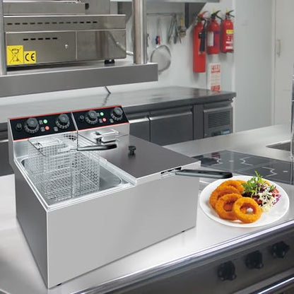 Commercial Deep Fryer with Basket, 12L Electricity Countertop Fryer Stainless Steel, 1800W Professional Food Fryer with Thermostat for Restaurant & Home, Large Capacity 12.7QT Oil Fryer, 120V - size: 8L double cylinder double screen