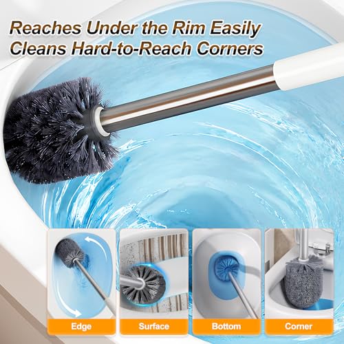 Toilet Brush and Holder Set, Wall Mounted Toilet Bowl Brush and Holder, Hard Bristle Toilet Scrubber with Drip Tray, Rim Cleaning Side Groove, Quick Rinse & Fast Drying