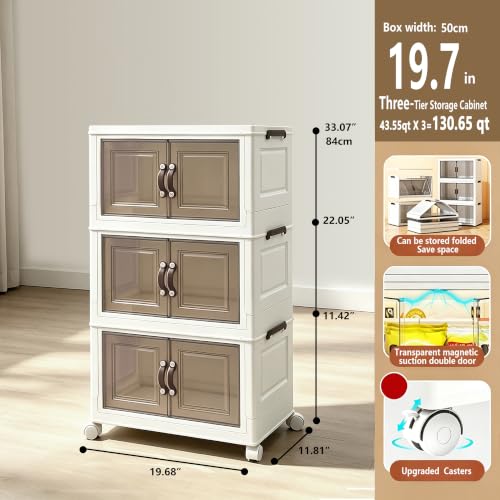 130.65QT Foldable Stackable Storage Bins with Magnetic Doors & Lockable Wheels, 3 Pack Large Plastic Closet Organizer, Tool-Free Storage Box for Bedroom Kitchen Bathroom Dorm Office Garage - size: 3PACK-19.68"W11.81"D33.07"H