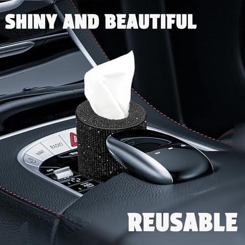Bling Car Tissue Holder for Cup Holder – Sparkly Rhinestone Round Tissue Dispenser with 1 Pack Tissues – Fits Standard Auto Cup Holders – Stylish Car Interior Accessory for Women(Black) - color: Black