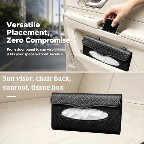 Car Visor Tissue Holder, Clip-on, Large Opening, PU Leather, Black - color: Black