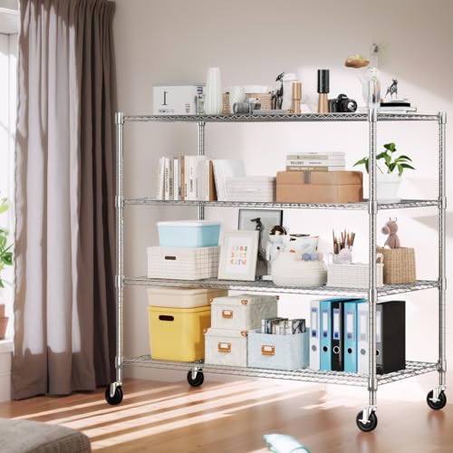 Himimi 4 Tier Wire Shelving with Wheels Heavy Duty Height Adjustable Metal Shelves for Storage, Commercial Grade Steel Utility Wire Rack for Kitchen Garage Pantry Organization-24×48×72, Silver - color: Silver, size: 24"D×48"W×72"H, 4-Tier