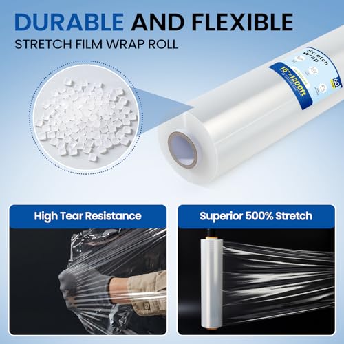 Stretch Film Wrap 15 Inch x 1200 Feet Self-Adhering Shrink Wrap Roll with Plastic Handles Industrial Strength up to 500% Stretch Wrap for Moving, Packing, Pallet Wrapping (4 Rolls, 60 Gauge) - style: 15" × 1200' - 60 Gauge